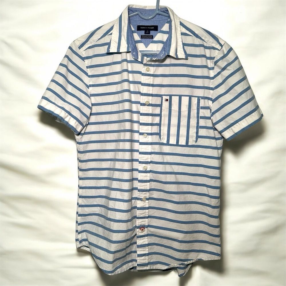 Tommy Hilfiger Men’s Regular Fit Stretch Blue and White Casual Button Down M